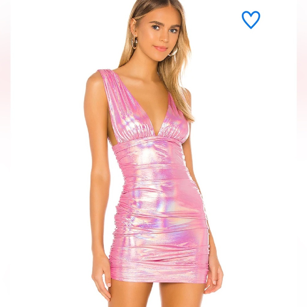Superdown Kerrie Deep V Dress mini metallic pink ruched party Revolve XL